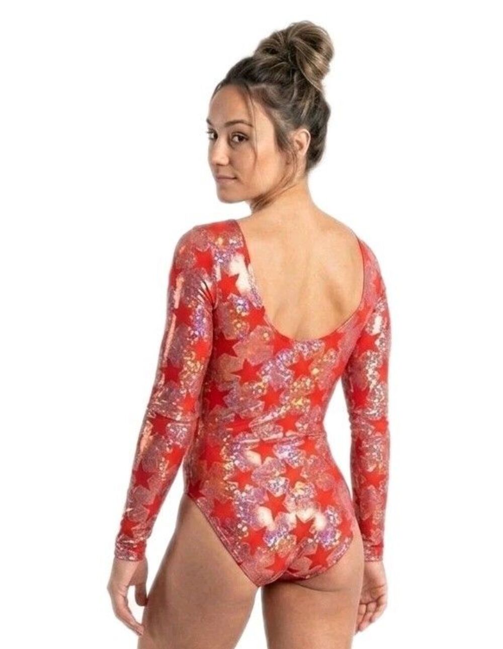 GK Elite VTG Holographic Americana Red Star Shimmering LS Logo Leotard Size AXL
